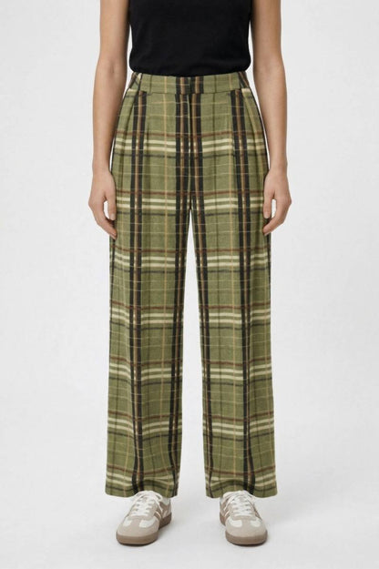 Wijde Broek Dames - Geruite Print | Hoge Taille & Rechte Pijpen — Geruit Olijfgroen