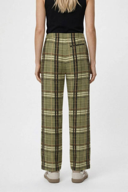 Wijde Broek Dames - Geruite Print | Hoge Taille & Rechte Pijpen — Geruit Olijfgroen