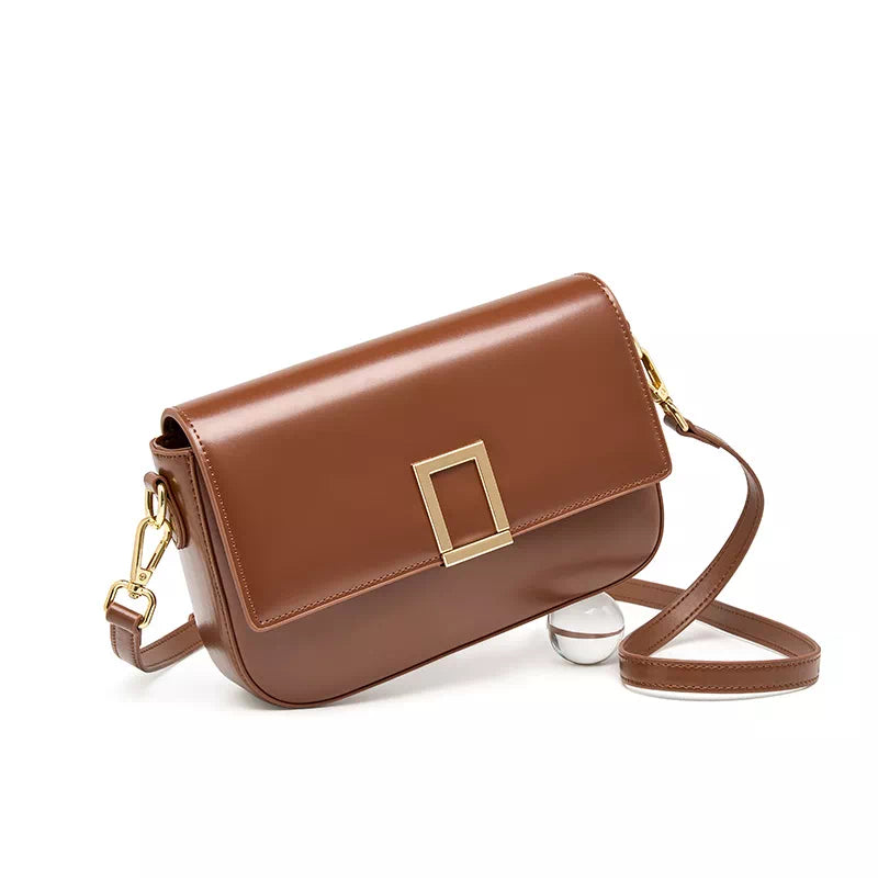Tas Dames - Strakke Flap Crossbody met Gouden Vierkant Slot en Brede Band | Chic